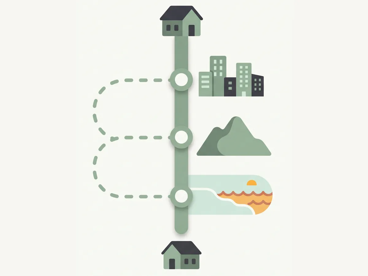 A timeline from a house, past a city, mountains, and a beach, back to the same house.