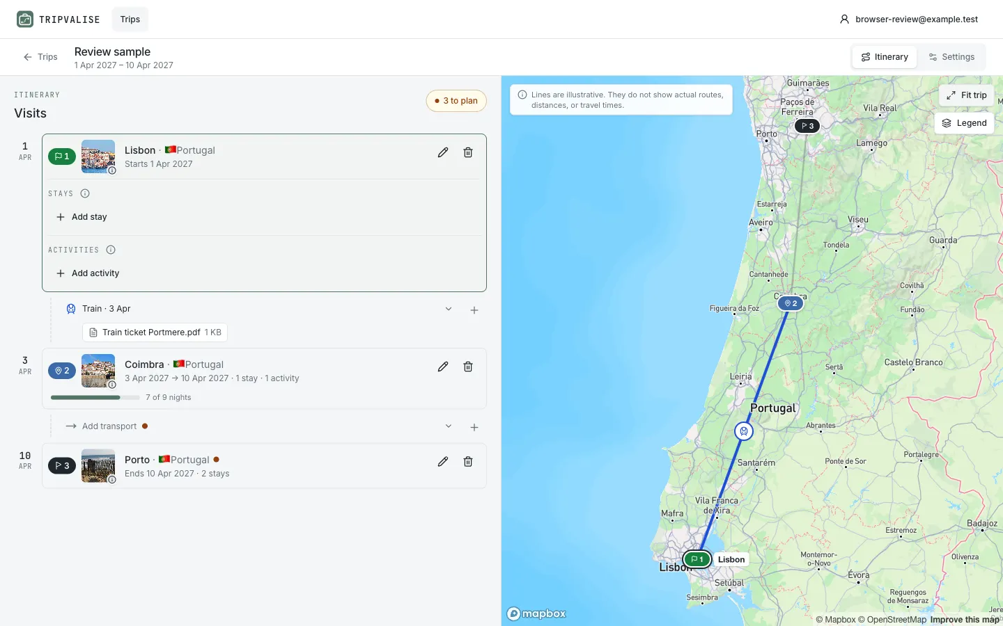 The itinerary of a fictional trip with its stops on the left and the route map on the right.